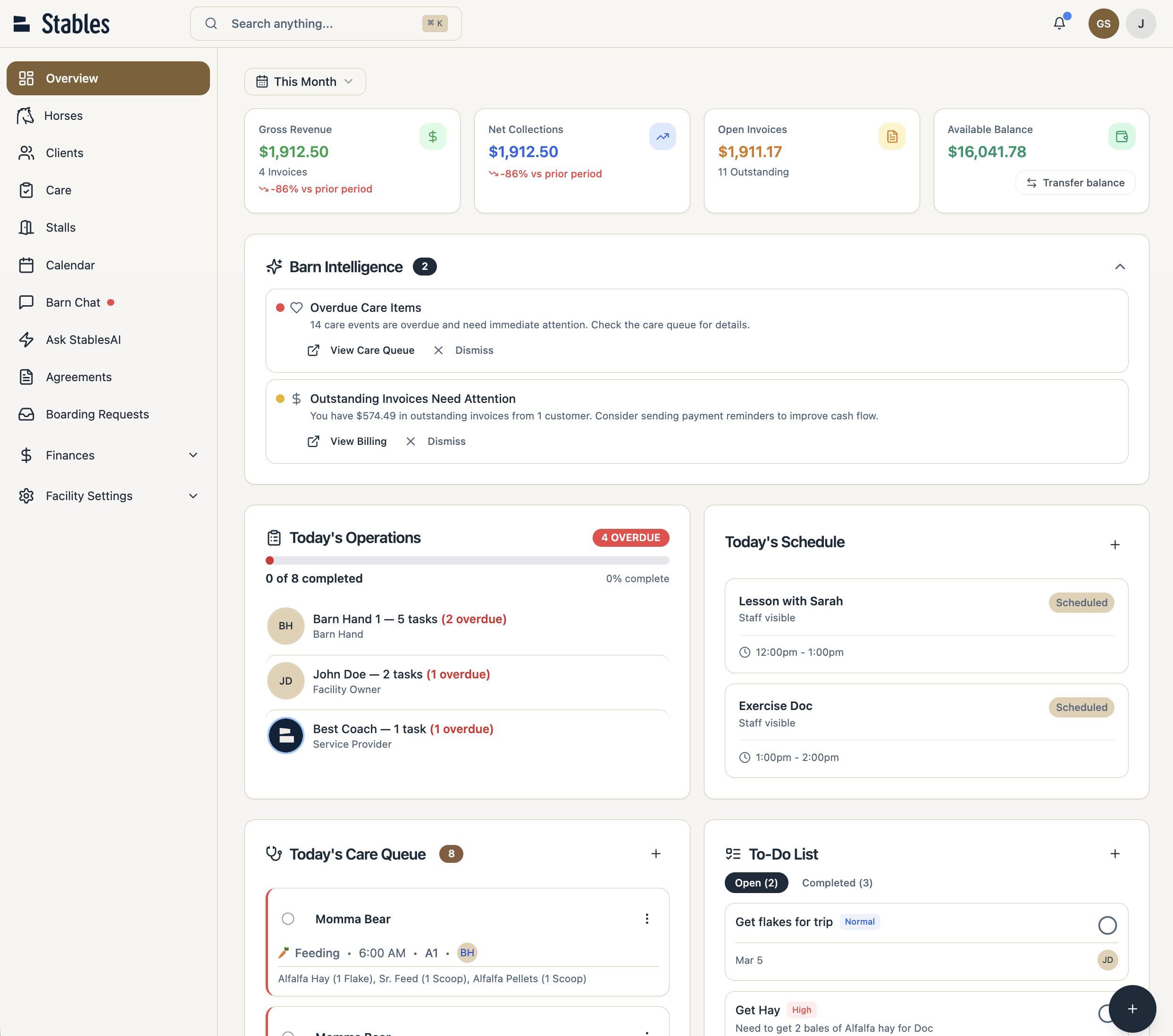 Stables equestrian management software dashboard