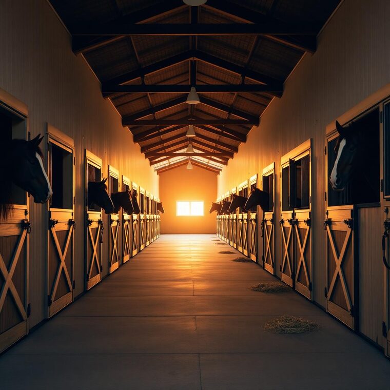 Horse boarding barn aisle at sunset with horses in their stalls using Stables horse boarding software.