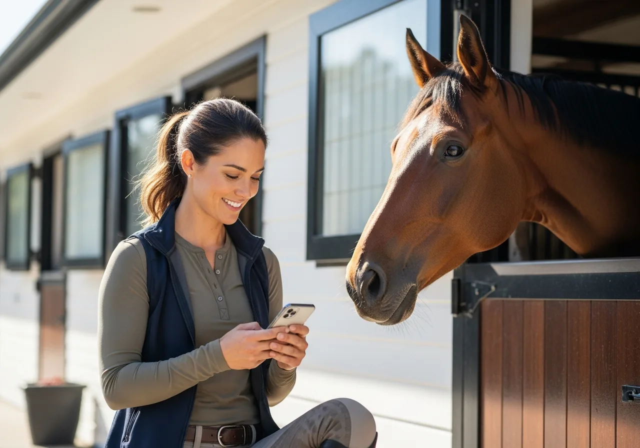 Horse owner checking care updates and billing on her phone next to her horse